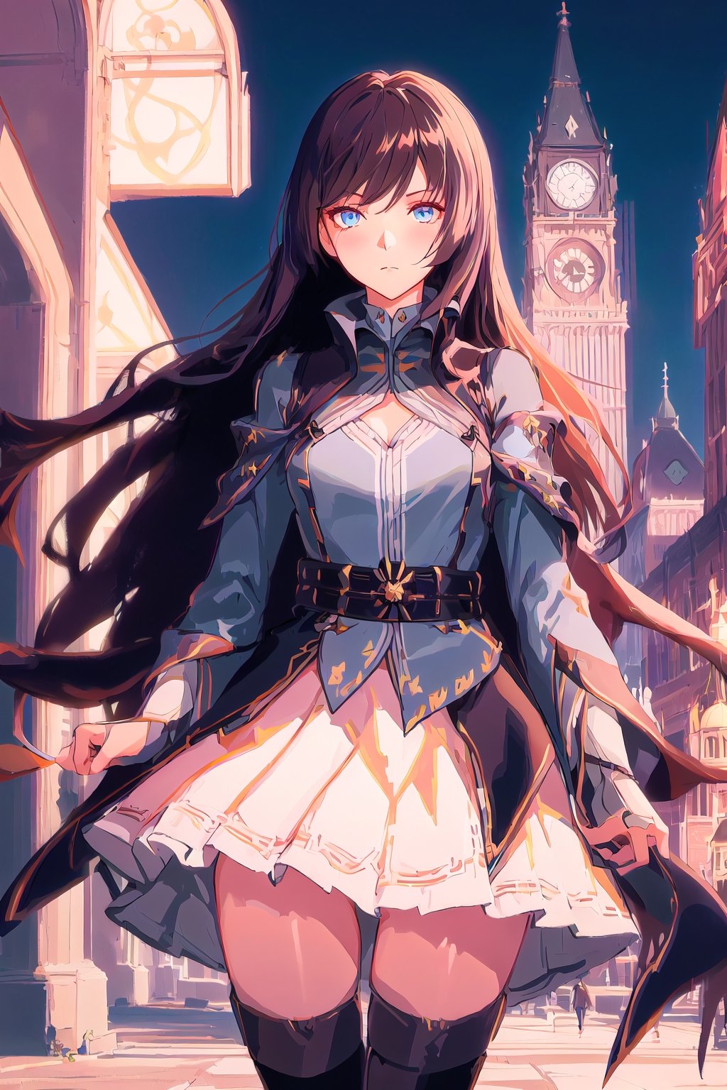 1girl, long hair, dress, hair ornament, looking at viewer, brown hair, mature female, cityscape, night, thighhighs, clothing cutout, bangs, high collar,white skirt, cowboy shot, long sleeves, belt, blue eyes, makeup, blush, takasago tomoe, 