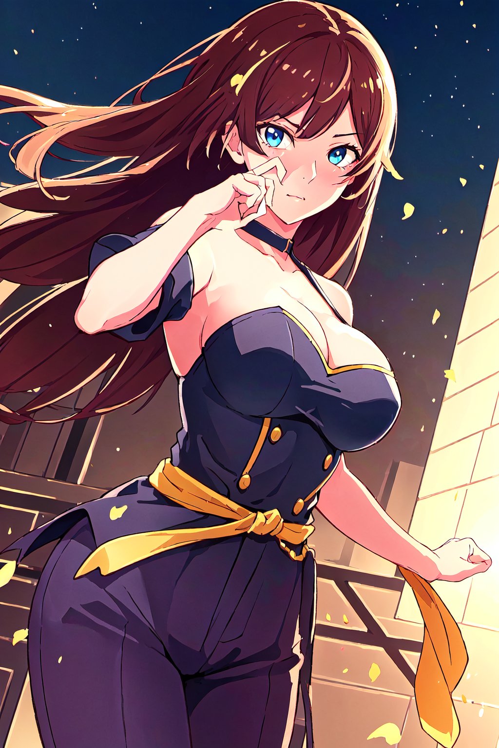 Location: (Night: 1.7), detailed background,

clothing: black suit,

hair & face: bangs, brown hair with black lights, blue eyes, long hair, slit pupils, perfect eyes, (beautiful_face:1.5), Beautiful Nose

role lock: 1 girl,Solo, Manga,mature female, Beautiful character design, lustrous skin,

expression: (innocent_big_eyes:1.0),

quality: official art, extremely detailed CG unity 8k wallpaper, perfect lighting, Colorful, Bright_Front_face_Lighting, 
(masterpiece:1.0),(best_quality:1.0), ultra high res,4K,ultra-detailed, 
photography, 8K, HDR, highres, absurdres :1.2 , Kodak portra 400, film grain, blurry background, bokeh:1.2, lens flare, (vibrant_color:1.2) , 

body: (Beautiful,big_Breasts:1.4), (beautiful_face:1.5),(narrow_waist), Beautiful long legs, Beautiful Finger,

others: whisker markings,

character: monogatari series (Style), takeda hiromitsu style, ,aizawa tomo