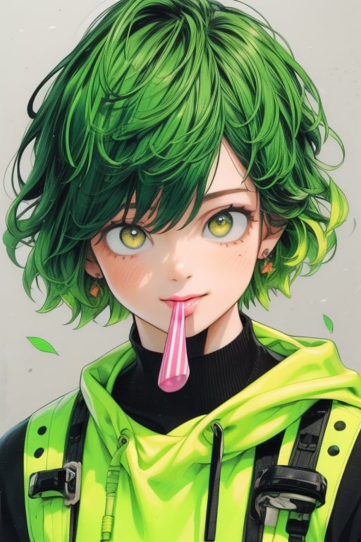 (masterpieces), (best quality), (ultra_detailed),(photorealistic:1.9), more_details:-1, more_details:0, more_details:0.5, more_details:1, more_details:1.5, light green hair, yellow eyes, smile, mouth, best quality, mahic suit, colorful world,eat candy
