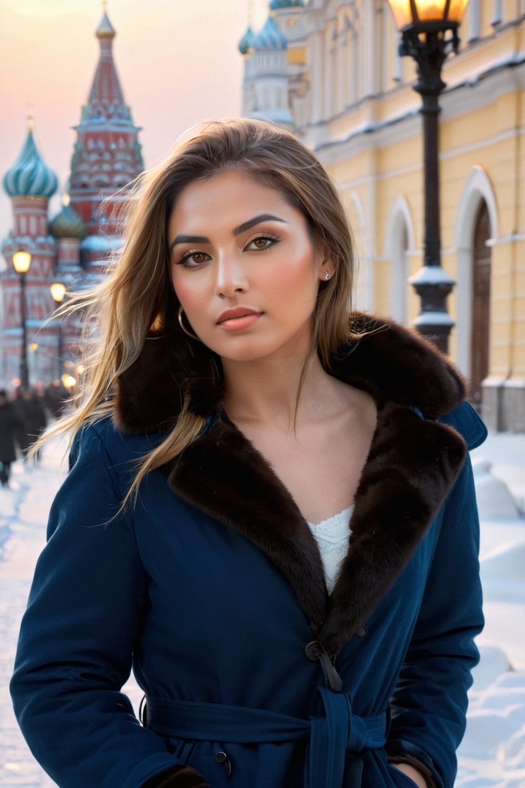 "((top-notch quality)), ((masterpiece)), ((true to life)), Render a stunning portrait of a Russian girl walking, gracefully on a snow-covered Moscow street, illuminated by the soft glow of nearby street lamps, capturing the essence of their culture and beauty at eye level, picturesque, masterpiece.",Extremely Realistic