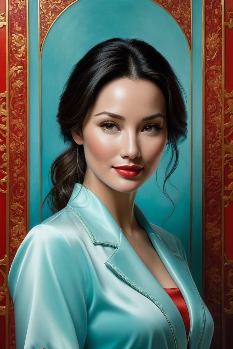 (style of Jay Anacleto:1.5), (1970s themes), ['Keanu Reeves' | ''lucy liu' | 'Keanu Reeves' ]  female nurse 'knowing smile'. ('polished surfaces', 'intense shine surfaces', 'porcelain textures':2.5),  ('red' to 'cyan' colour Radiance:2),  ('shadows to bright gradient':2). (chiaroscuro,  deep shadows),  (ethereal,  harmonious composition,  landscapes,  intricate backgrounds),  (emotion-evoking poses)