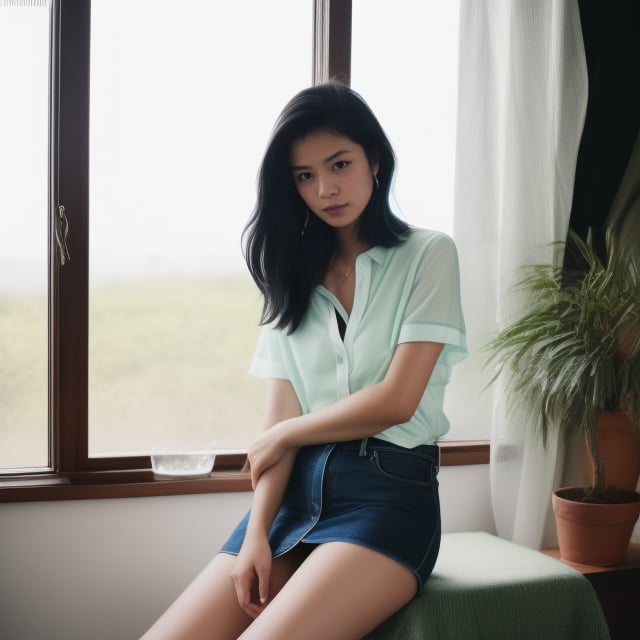 A stunning Thai beauty poses elegantly in a bright, indoor setting. She wears a crisp white shirt, high-waisted black shoes, and a short denim skirt that hugs her flat-chest. Her raven-black hair falls just below the chin, framing her beautiful face. Her hands are clasped together, showcasing perfect eyes that seem to hold a sensual intensity. The soft green shirt she sits on adds a pop of color to the scene, while the window behind her provides a subtle contrast to the black and white tones.