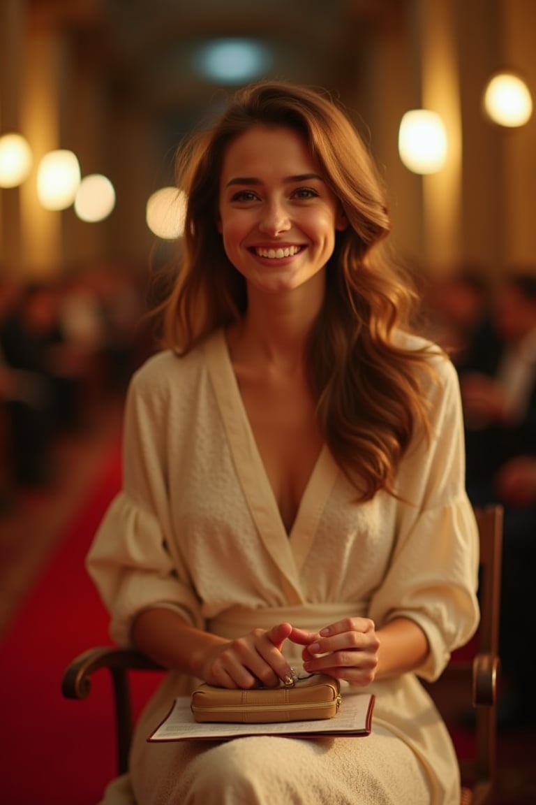 Soft focus captures the radiant smile of a young French actress as she nervously awaits her first audition. Golden lighting highlights her porcelain skin, while a subtle bokeh blurs the background. She sits poised, one hand cradling her script, the other clutching her purse. The iconic red carpet rolls out behind her, leading to a life of stardom. Her eyes shine with anticipation as she takes a deep breath, ready to charm the casting director.