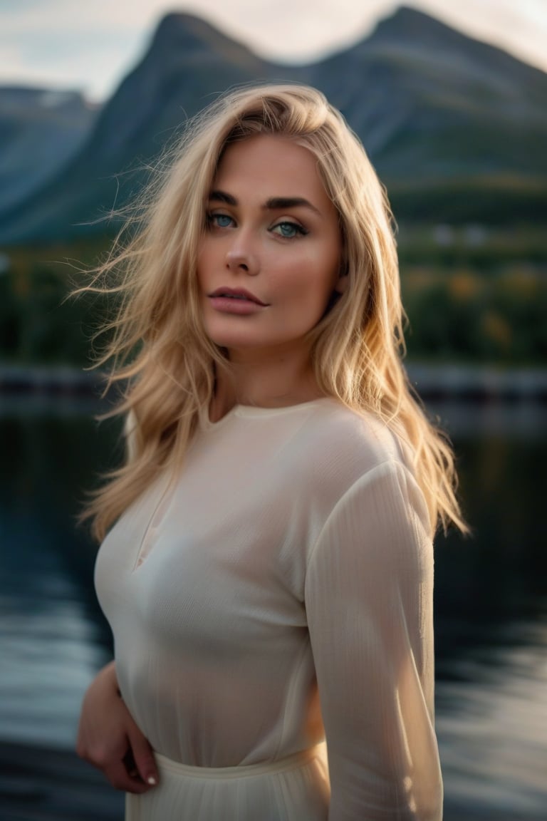 A stunning Scandinavian beauty, Miss Scandinavia, stands confidently on a rustic wooden dock overlooking a serene Norwegian fjord at sunset. Soft golden light casts a warm glow on her porcelain skin and blonde hair, as she gazes out at the majestic mountains in the distance. Showing her gorgeous body, (((Perfect face:1.4))), (((perfect eyes:1.4))), (((photorealism:1.4))), 