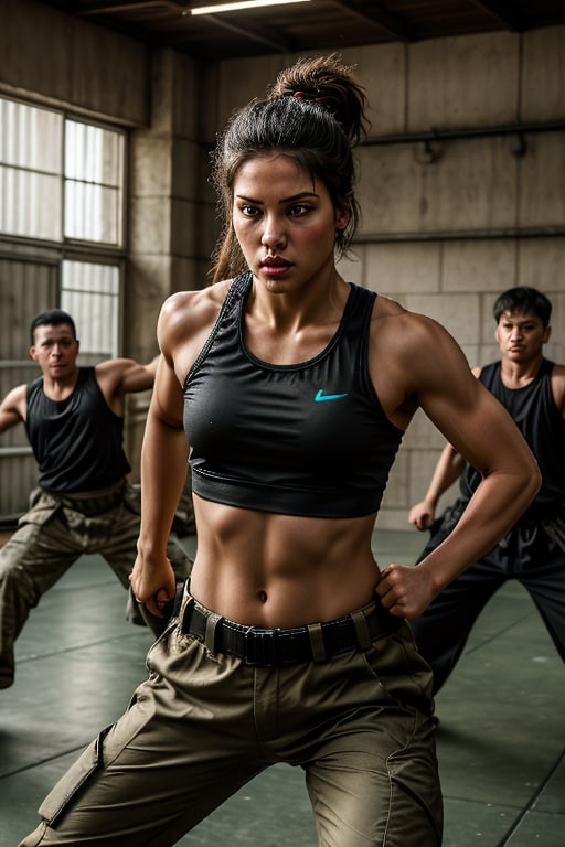 A warrior's fervor: A photorealistic female Fighter stands tall amidst a whirlwind of action, her determined face aglow with subtle practical makeup as she expertly wields her sword amidst a burst of magical energy, framed by bustling soldiers and martial arts training. She wears a utilitarian tank top over army fatigues and combat pants, her movements fluid and dynamic as she commands the chaotic scene, bajonet training in full swing. (((perfect eyes:1.4))),female warrior,sniper,Masterpiece, (((photorealism:1.4))), 