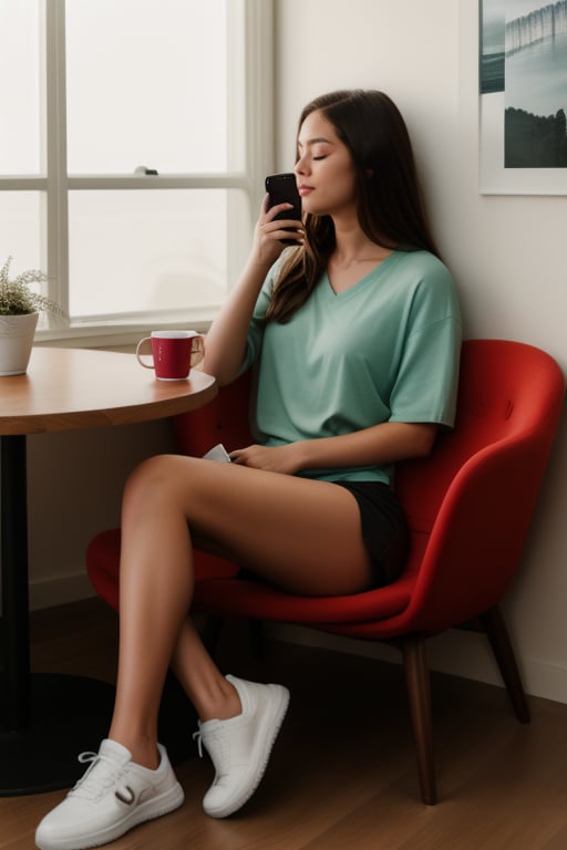 a woman sitting on a bench using a cell phone, long hair, brown hair, shirt, closed eyes, shoes, shorts, chair, table, cellphone, sneakers, smartphone, stool, photo background,perfect eyes,(((photorealism:1.4)))