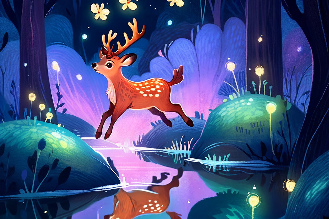 style of Jean-Baptise Mongue, a BioLuminiscent deer in the midle, clear waterhole, reflection, micro fireflies, dark night, forest juggle, very low light, whimsical, fantasical, etheral, beauty, dreamy, high_res