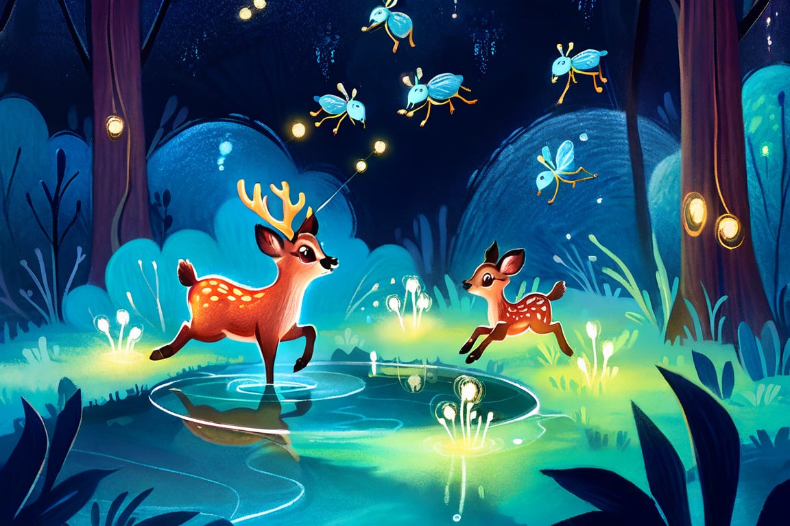 style of Jean-Baptise Mongue, a BioLuminiscent deer in the midle, clear waterhole, reflection, micro fireflies, dark night, forest juggle, very low light, whimsical, fantasical, etheral, beauty, dreamy, high_res