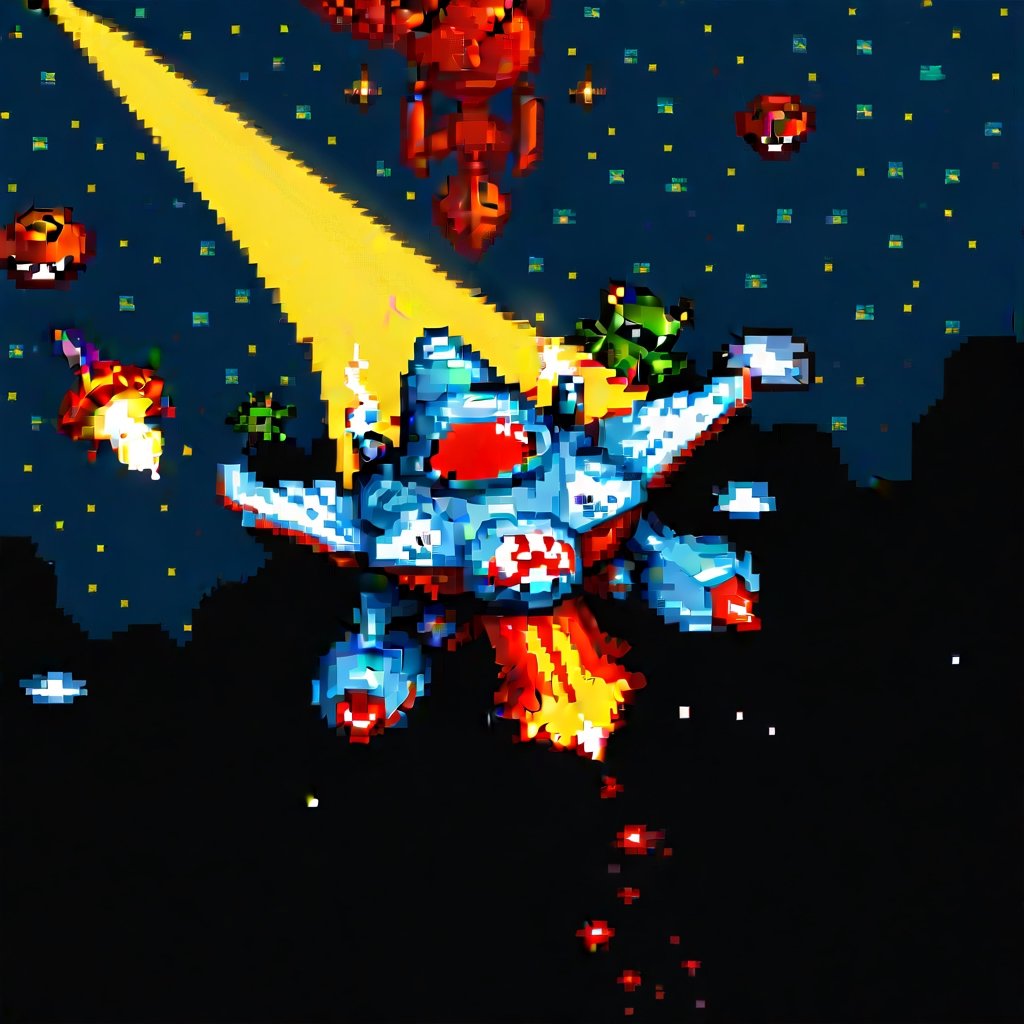 superhero_spacejet on bottom hitting small aliens on top in space,  space invaders,  video game style by Pixelnaut on Tens...