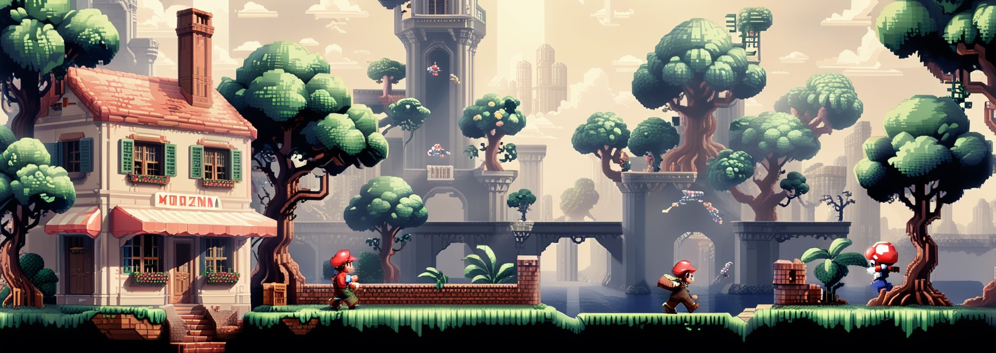 (very best ultra high quality):1.3,  break,  a full horizontal level of a side-scroller game stage of action combat by Pix...