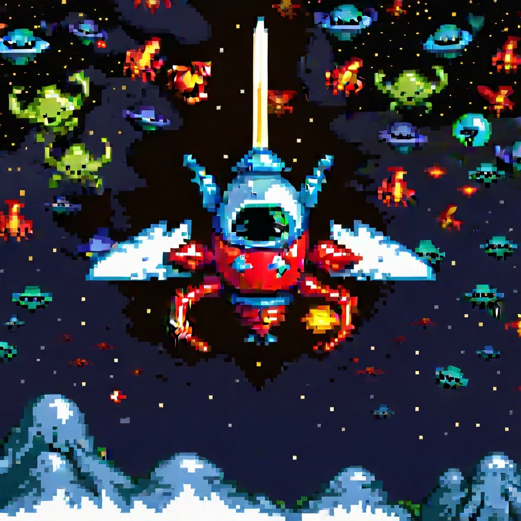 superhero_spacejet on bottom hitting small aliens on top in space,  space invaders,  video game style by Pixelnaut on Tens...