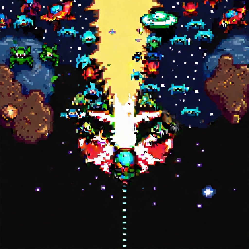 superhero_spacejet on bottom hitting small aliens on top in space,  space invaders,  video game style by Pixelnaut on Tens...