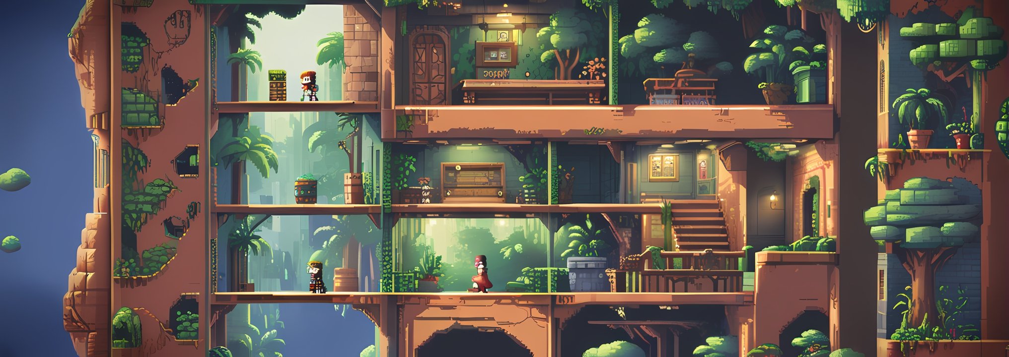 (very best ultra high quality):1.3,  break,  a full horizontal level of a side-scroller game stage of action combat by Pix...