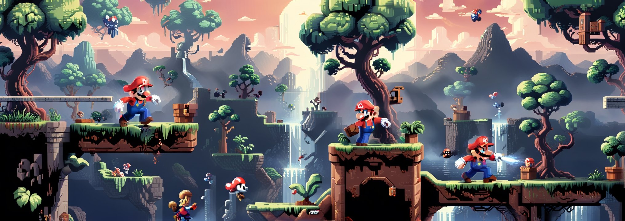 (very best ultra high quality):1.3,  break,  a full horizontal level of a side-scroller game stage of action combat by Pix...