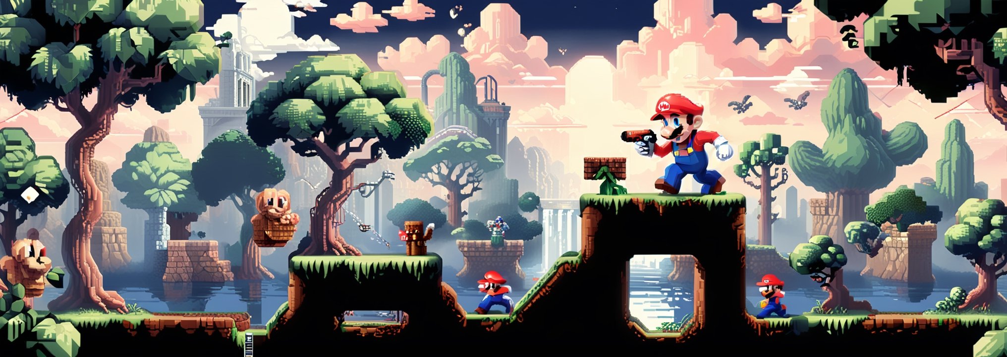 (very best ultra high quality):1.3,  break,  a full horizontal level of a side-scroller game stage of action combat by Pix...