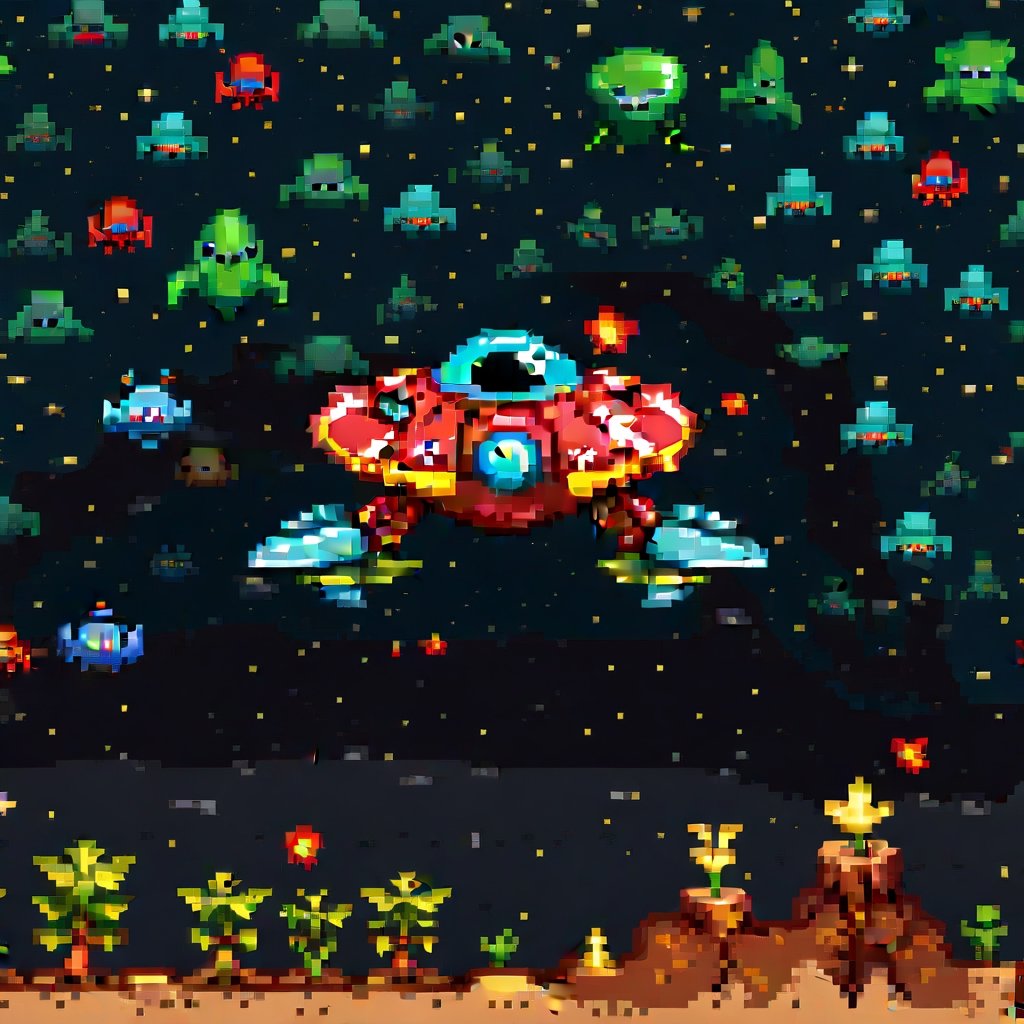 superhero_spacejet on bottom hitting small aliens on top in space,  space invaders,  video game style by Pixelnaut on Tens...