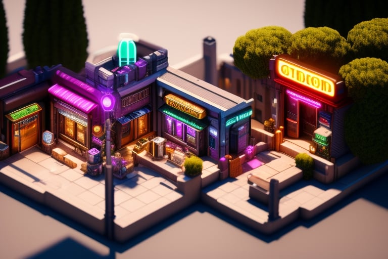 isometric scene of a cyberpunk suburb, small shops, small buildings, with neon signs, asphalted streets, cyberpunk miniparks with artificial glowing nature, cute, cozy, isometric architecture masterpiece, perfect geometrym, convidative atmosphere, cute, video game style and design, 3d scenery composition, absurdres, intricate details, beautiful sky, very cyberpunk setting, smooth, original, new, newest, best aesthetic, 4k 8k 16k 32k 64k, realistic mini city map coherent composition, different intrinsic buildings, cinestill, moviestill, cinematic lighting, very high resolution, best textures materials, strong depth o field, 3d, high poly, high quality physic-based rendering, ray-tracing, realistic shadows, god rays, fog, impressive, very videogame scenario,