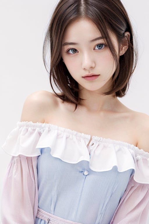 1girl, (age 18-24:1.4), gorgeous, (dynamic pose:0.8),(close-up),studio lighting, white background, japanese teen top model, bang, hime haircut, heterochromia, pastel off-shoulder dress,