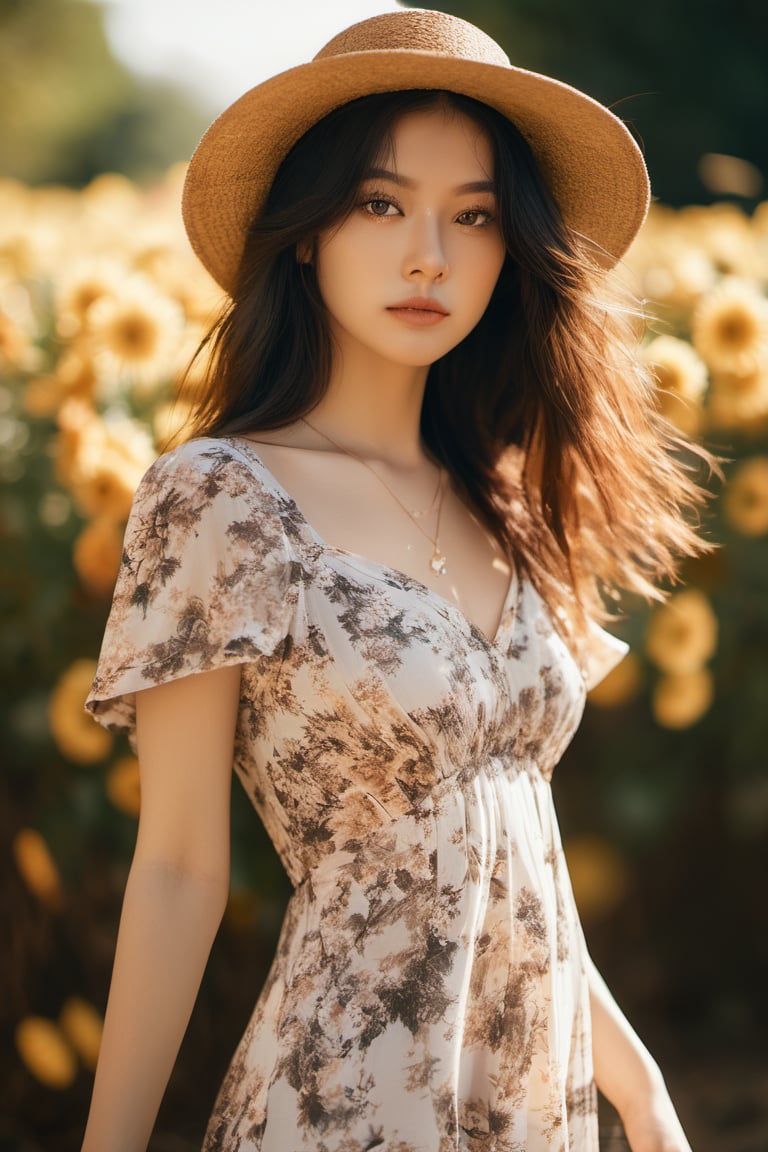 1girl cleavage floral dress perspective, wide angle shot sunlight, warm shadow dramatic lighting flowing hair (xxmix_girl lofi, messy, , photography, photorealism, portraits, bokeh ) (by Jamie Hawkesworth Janek Sedlar ),xxmix_girl,LinkGirl,xxmixgirl,3d style