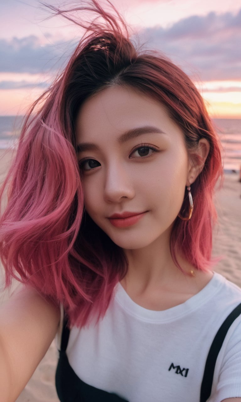 xxmixgirl,1girl, fisheye, selfie, sea, wind, messy hair, sunset, beach, (aesthetics and atmosphere:1.2), pink hair,smiling