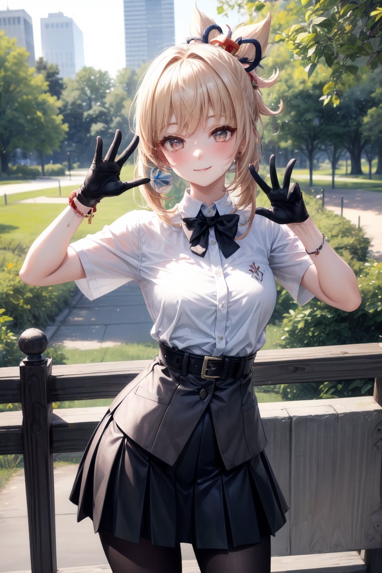 Eyes blue,hair perfect,bow neck,whitte shirt button,sexy,((city forest park perfect)),,belt,accesories tights black looking at viewer hands-gloves,accesories looking at viewer,skirt black punk,cute,looking at viewer face smile blushing,accessories looking at viewer breats meidum,body perfect,((pose cute)),yomiya \(genshin impact\)