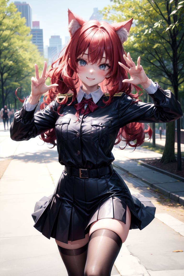 Eyes blue,curly long Nji red hair perfect,bow neck,uniform black military general,sexy,((city forest park perfect)),,belt,accesories general Hair tights black looking at viewer hands-gloves,accesories looking at viewer,skirt punk,cute,looking at viewer face smile blushing,accessories looking at viewer breats meidum,body perfect,((pose run)),cat girl