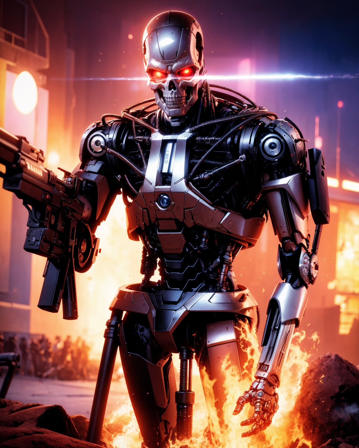 (lora:T800Endoskeleton-10:0.8), (RAW photo, real life, absurdres, high quality, photorealistic, detailed, realistic:1.3), (solo:1.3), ((dynamic pose)), a high resolution comic book art photo of a T800Endoskeleton robot with red eyes and metal skull face and chrome metal body and holding a futuristic gun shooting lasers, standing on a hill of skulls, dark sky and fire and flames and smoke and explosions and robots and post apocalypse war in the background, cinematic, atmospheric, 8k, realistic lighting, shot by Hassleblad H6D, Zeiss, Kodachrome, nikon, 50mm 1.2 lens, Octane Render, ultra realistic, realistic lighting, photorealistic, photorealism, photoreal, unreal engine 5, Adobe After FX, highly detailed, intricate detail