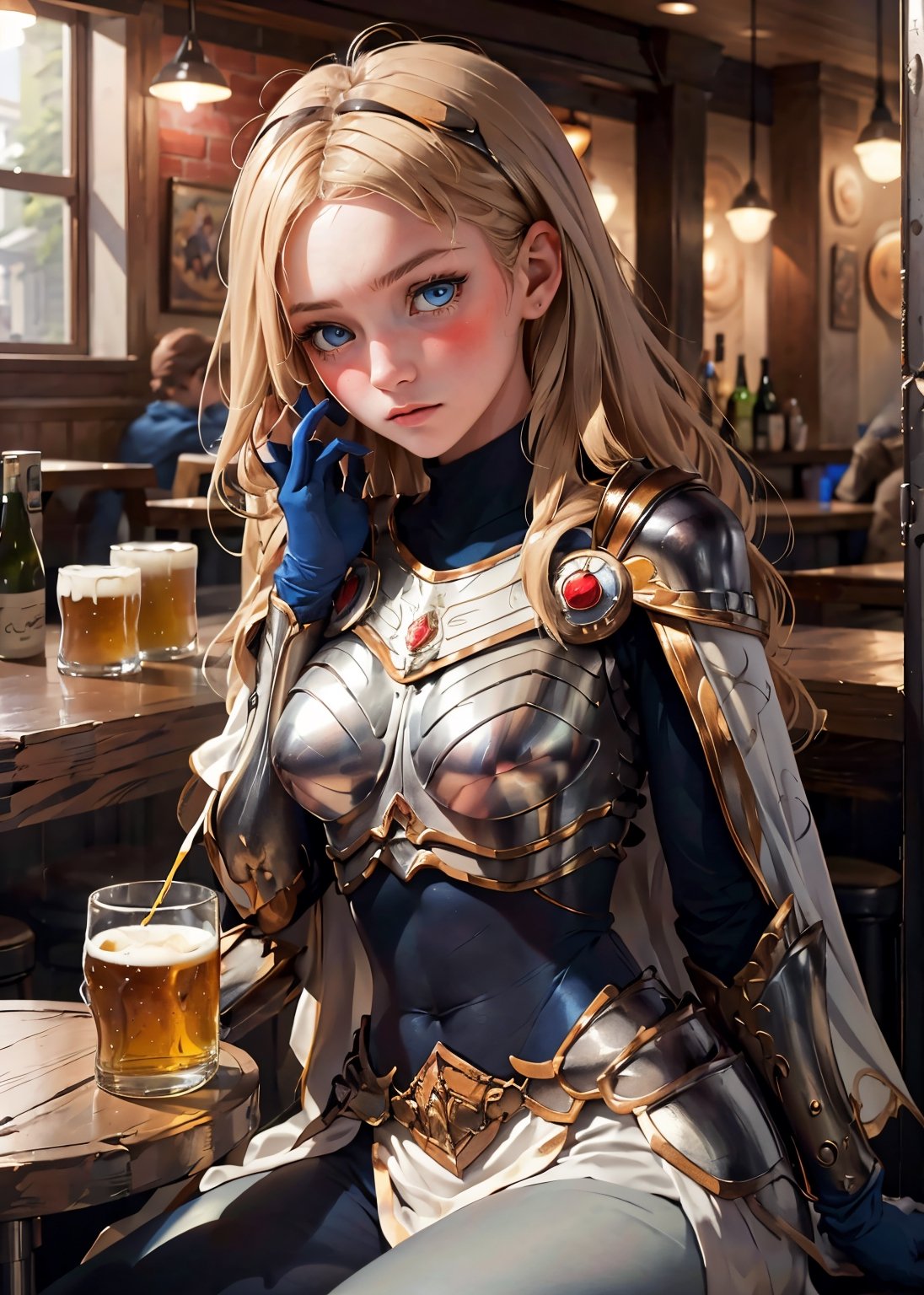 (best quality, masterpiece, perfect face, beautiful and aesthetic:1.2, colorful, dynamic angle, highest detailed face) 1girl, solo, (blushed, blank expression:1.1), 1girl, solo, ZenaMarienteil, long hair, bangs, brown gloves, cape, armor, breastplate, blonde hair, (soft light, dramatic light, sharp, HDR), (a woman in sitting at a bar with a glass of beer in front of her), (resting her chin on her palm), 
,lux1