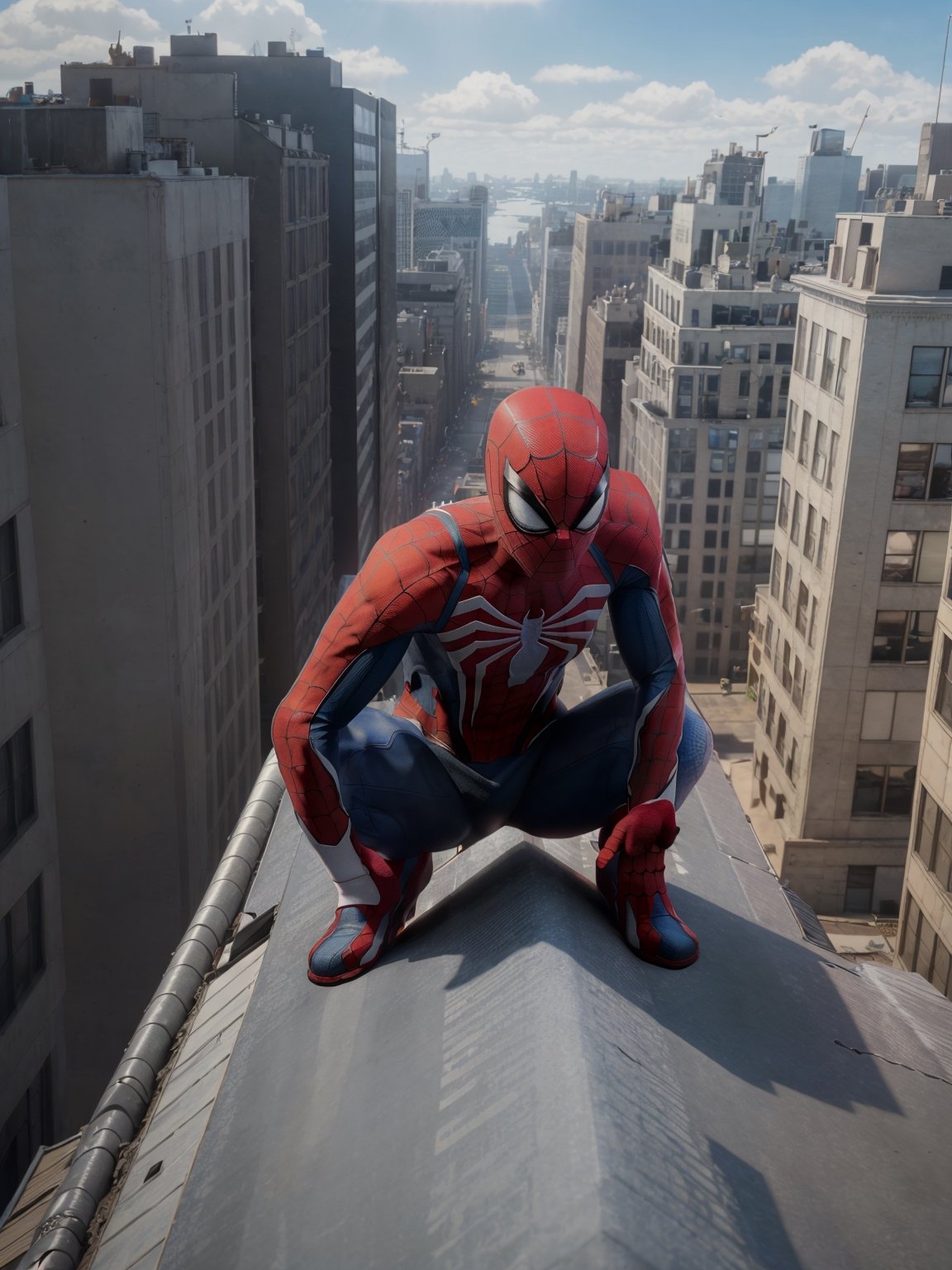 spideyadv2, 1 man crouching on rooftop, 5 fingers, best quality, masterpiece, 8k, uhd, night, new york, flexible man, spiderman pose, comic book style