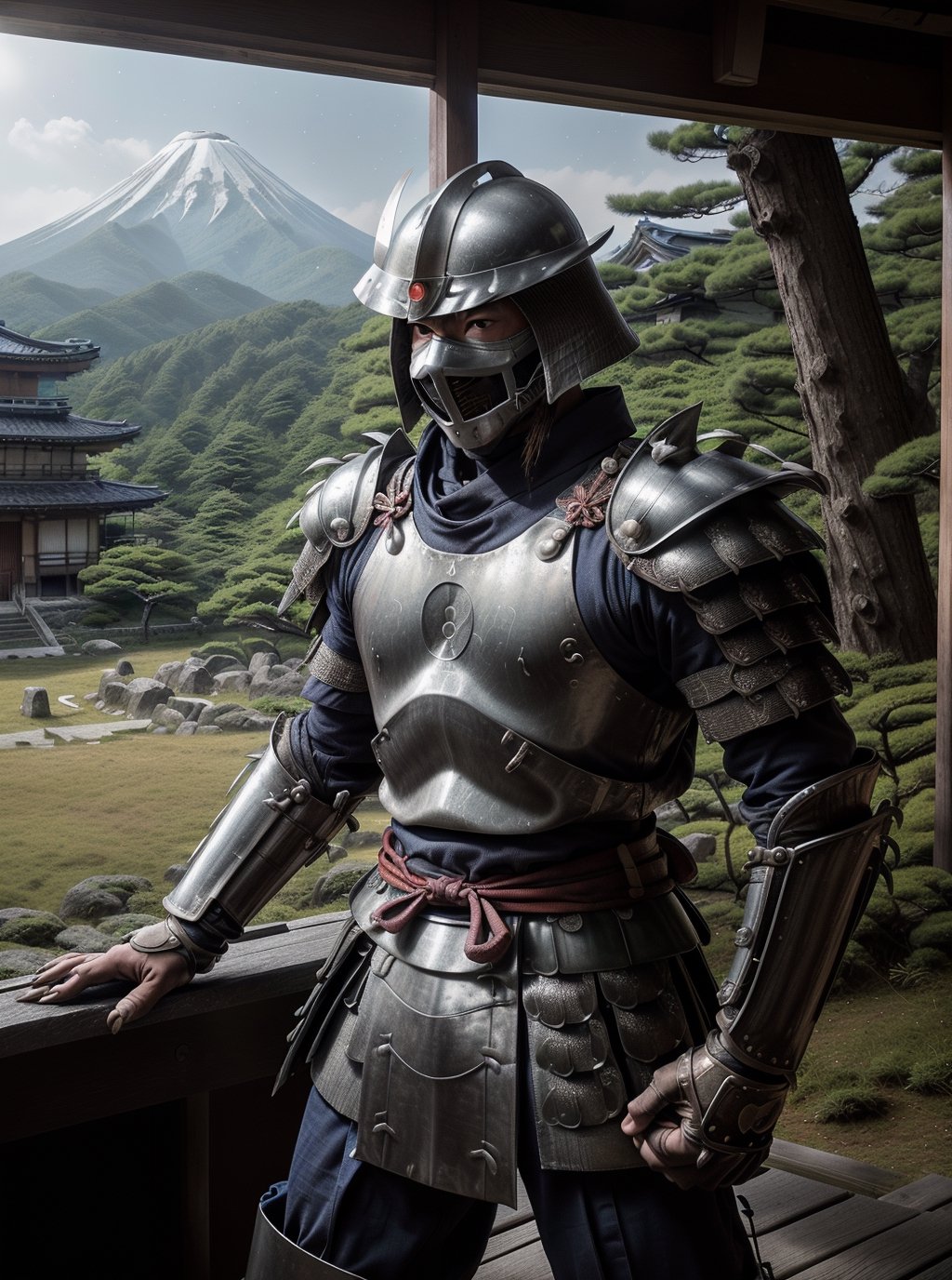 (cinematic:1.3), ((on a battlefield in Japan, rural japan, trees, japanese mountains, battle, landscape, ancient japanese huts, japanese temples in distance, ancient japan war, bokeh, realistic lighting, ray tracing, bloom:1.4)), ((masterpiece, best quality, highres, absurdres)), a high resolution RAW photo of ((a TMNTShredder 1man armored samurai knight with claw gauntlets)), lora:90sTMNT_Shredder:0.4, ((wearing full samurai armor with pauldrons and metal samurai helmet with mask)), ((muscular, fitness physique)), atmospheric, ((photorealism, photorealistic:1.4)), 8k, highly detailed, intricate detail
