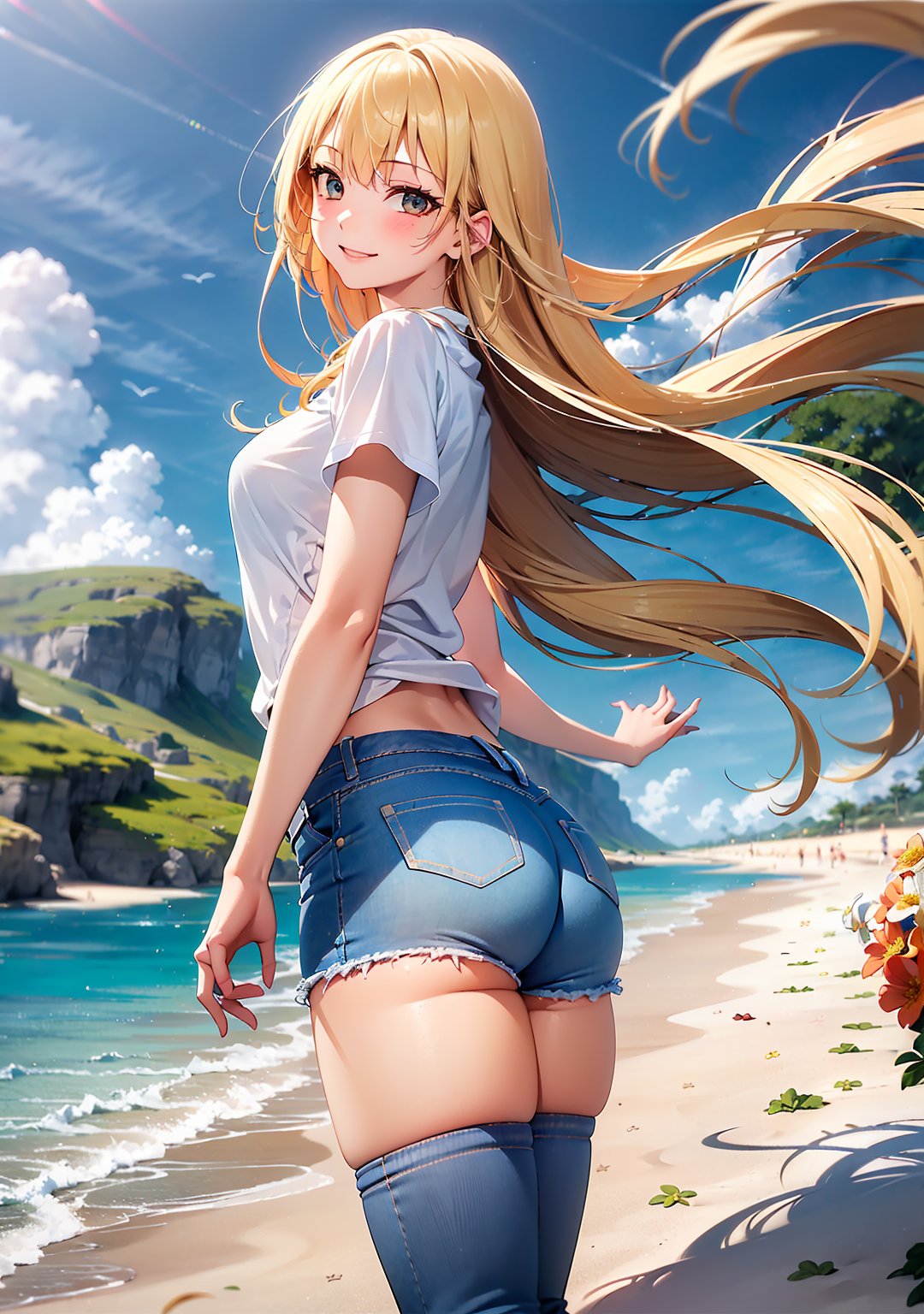 flower garden, 1girl, short jeans and white blouse, from side, smile, white long hair, expressionless, spanking,
 blue sky, wind, floating hair, long blonde hair, in the beach