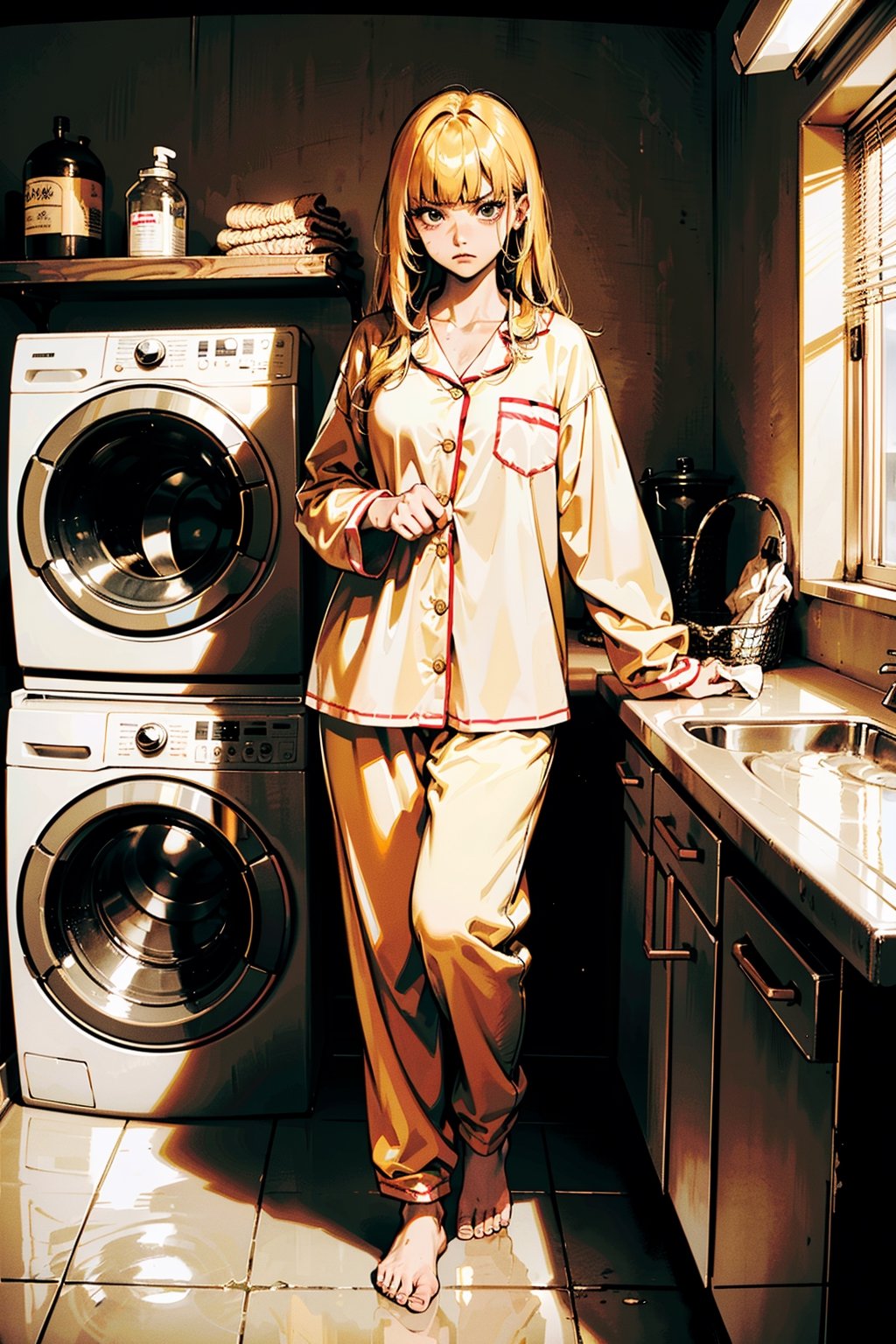 (best quality, masterpiece:1.1),   full body,     (1female), angry face, golden hair, very long hair, blunt bangs,        Cute Pajamas, ( laundry in the basement, indoors, table, folded clothes, washing machine, shelves),
