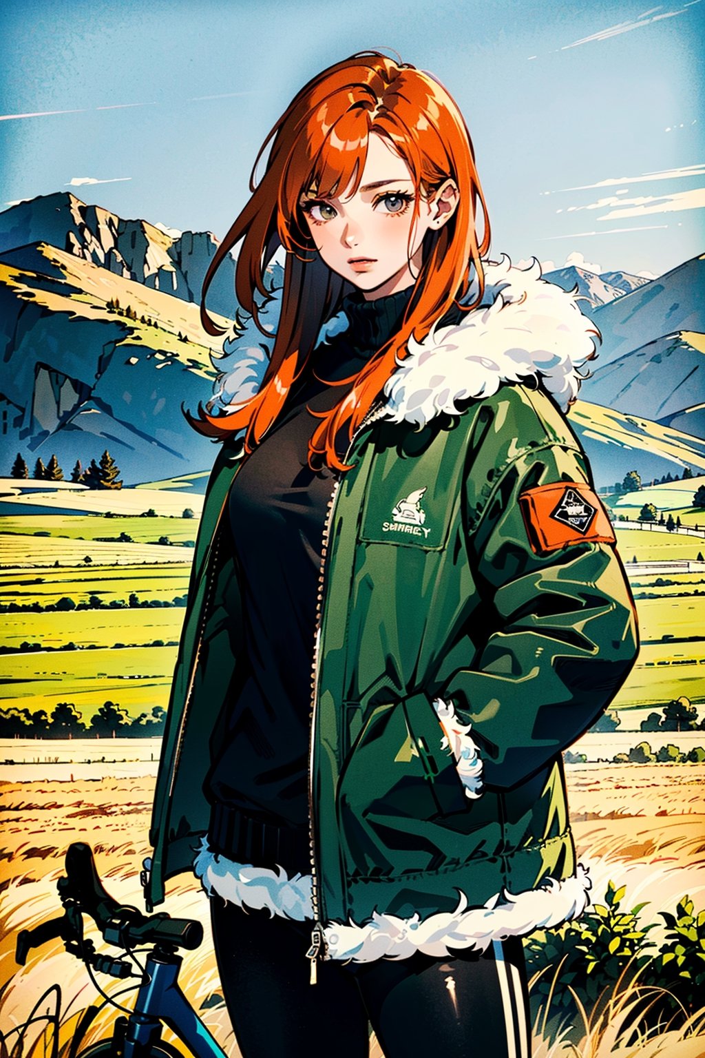 (best quality, masterpiece:1.1),   cowboy shot,     (1female), easygoing face, orange hair, very long hair, spiked hair,        (Shearling Oversized down jacket), (Shearling Oversized puffer jacket), (winter clothes), ((bikes), countryside, pastoral, fields, farms alder),
