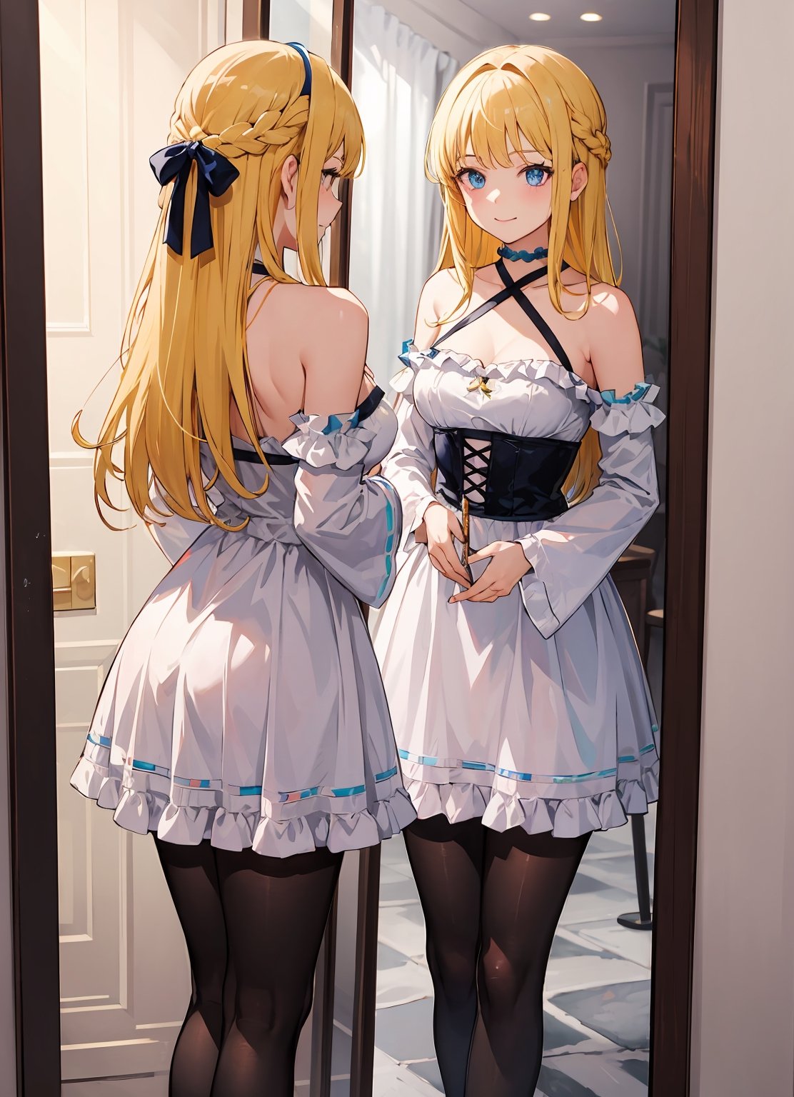  mirror,, ultra detailed, masterpiece, best quality, solo, soft smile, light smile,
1girl, blue eyes, very long hair, blonde hair, long blonde hair, french braid, bangs, medium breasts,
hair ribbon, frilled choker, criss-cross halter, sleeveless dress, high-waist skirt, backless dress, waist bow, detached sleeves, frilled sleeves, wide sleeves, pantyhose, patterned legwear, mary janes,
