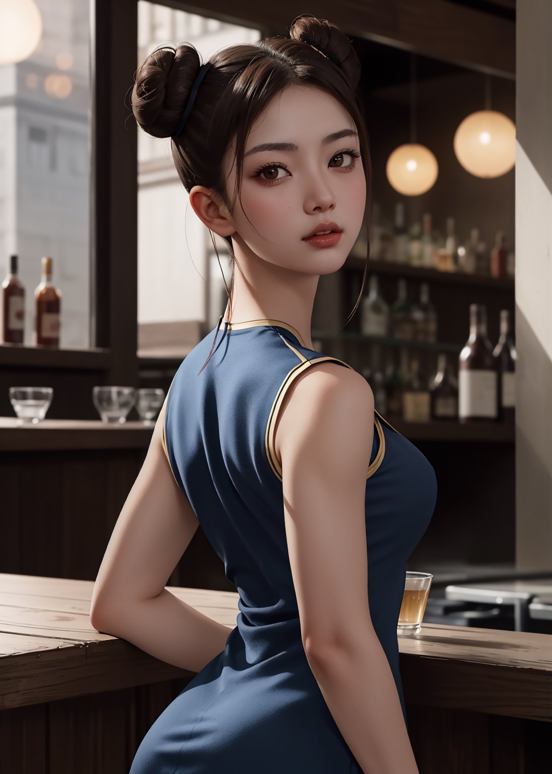 frontal view, facing the viewer, (looking at viewer:1.2), centered, upper body, photography of a 20yo woman, masterpiece, | (beautiful detailed eyes:1.2), (double bun hairstyle), dark brown hair color, (dark brown eyes), (short tight dress), | sunset, bokeh, depth of field, | bar, indoors, tavern, | SF6 CHUN,chunlims