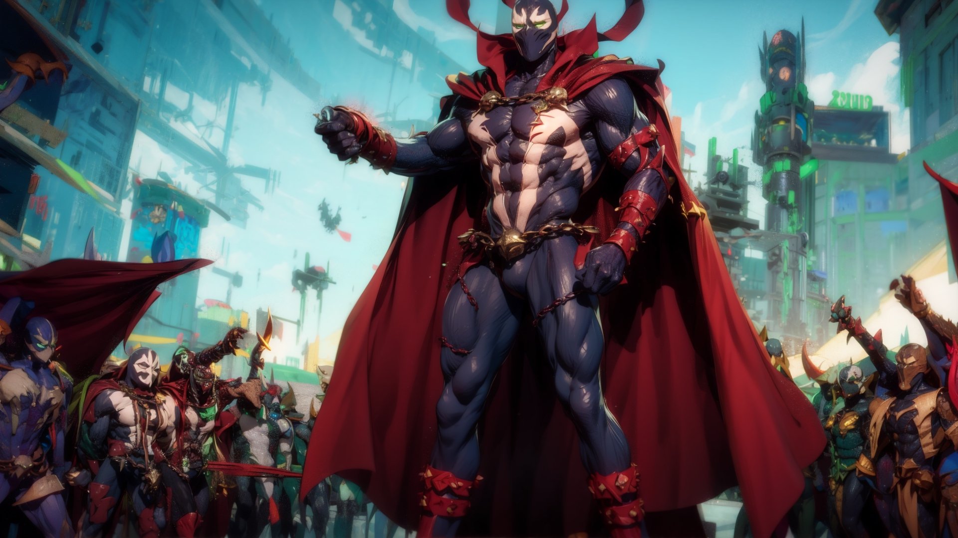 (masterpiece:1.2, best quality:1.2), ((masterpiece)), (((best quality))), ((ultra-detailed)), ((illustration)), (male), lyco:spawn-000020:1.0, (spawn, red cape, chains, green eyes), mask, white markings, full black suit, chaos, super wide angle shot, ((standing over an army of demons, armies of hell, a legion of souls))