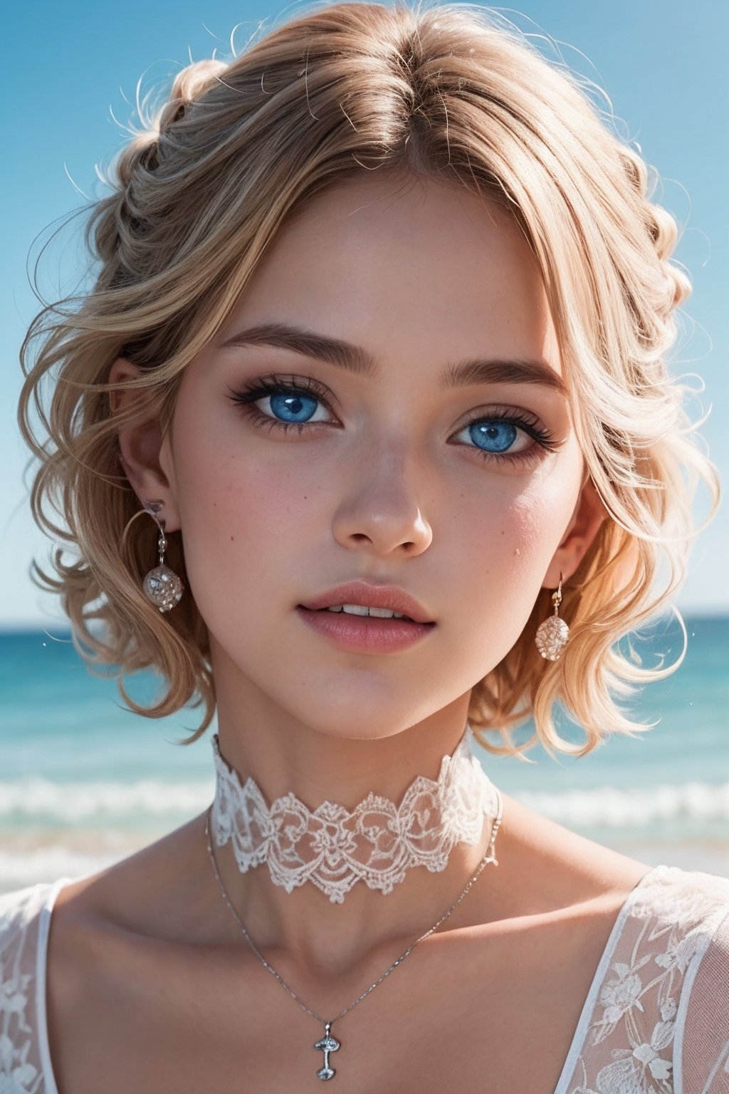 (highres, masterpiece), front photo, pov, lying, (Wedding lace white ), at beach, ), light inefficient, teeth, (short blonde curly hair), long neck, metal choker, long legs,  adult, perfect skin, heavy makeup:1.4, blush, seduction, OverallDetail:1.6, EyesDetail:2, (realistic blue eyes):3, ear piercing,
