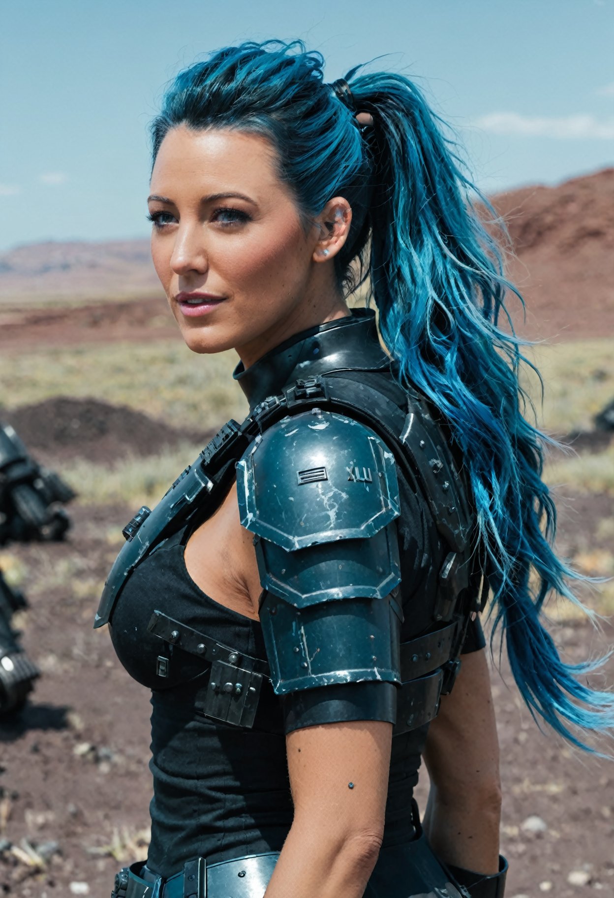 blake lively,ohwx woman,happy,color graded cinematic,high quality photography,blue hair,two-tone hair,black hair,ponytail,wasteland,armor,power_armor,skin pores,4k textures,4k resolution,DLSR,Canon EOS R3,,
