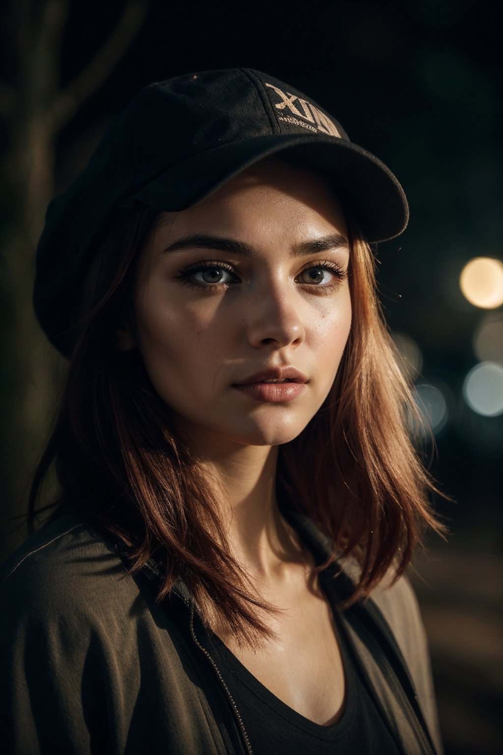 ((beautiful scared woman running desperately from a monster)), wearing dirty rags, bagpack and sneakers in a icy forest at night, blood on clothes, blood on face,  photo realistic, highly detailed, detailed face, detailed eyes, cute, terrified, baseball cap, red hair, masterpiece, extreme wide shot, extreme long shot, 8k uhd, film grain, extreme res, dark night., detailed shadows and lighting, fog , shallow depth of field, vignette, highly detailed, high budget, bokeh, cinemascope, moody, epic, gorgeous, film grain, grainy, dimlight, darkness, RAW photo, a 22-year-old-girl,  (1girl), (realistic), (photo-realistic:1.5), 8k uhd, film grain), Sharp Eyeliner, Blush Eyeshadow With Thick Eyelashes, extremely delicate and beautiful, 8k, soft lighting, high quality, highres, sharp focus, extremely detailed eyes and face, masterpiece, cinematic lighting, (high detailed skin:1.2), 8k uhd, dslr, soft lighting, high quality, film grain, Fujifilm XT3
