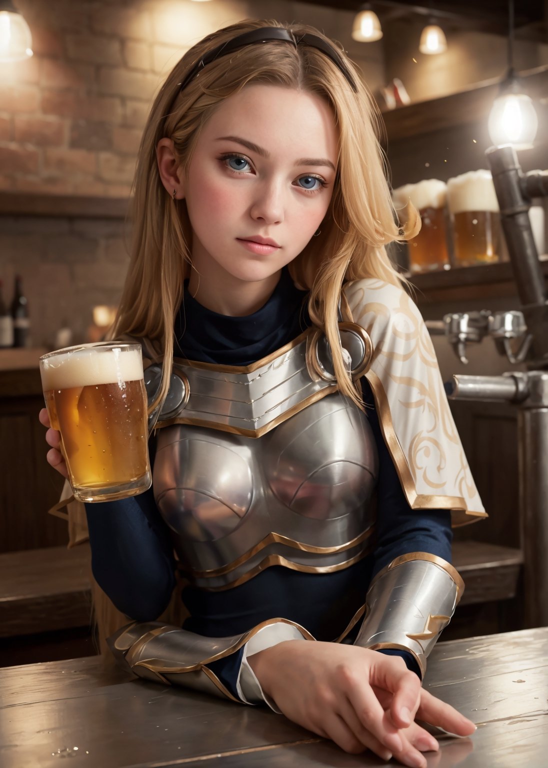 (best quality, masterpiece, perfect face, beautiful and aesthetic:1.2, colorful, dynamic angle, highest detailed face) 1girl, solo, (blushed, blank expression:1.1), 1girl, solo, ZenaMarienteil, long hair, bangs, brown gloves, cape, armor, breastplate, blonde hair, (soft light, dramatic light, sharp, HDR), (a woman in sitting at a bar with a glass of beer in front of her), (resting her chin on her palm), 
,lux1