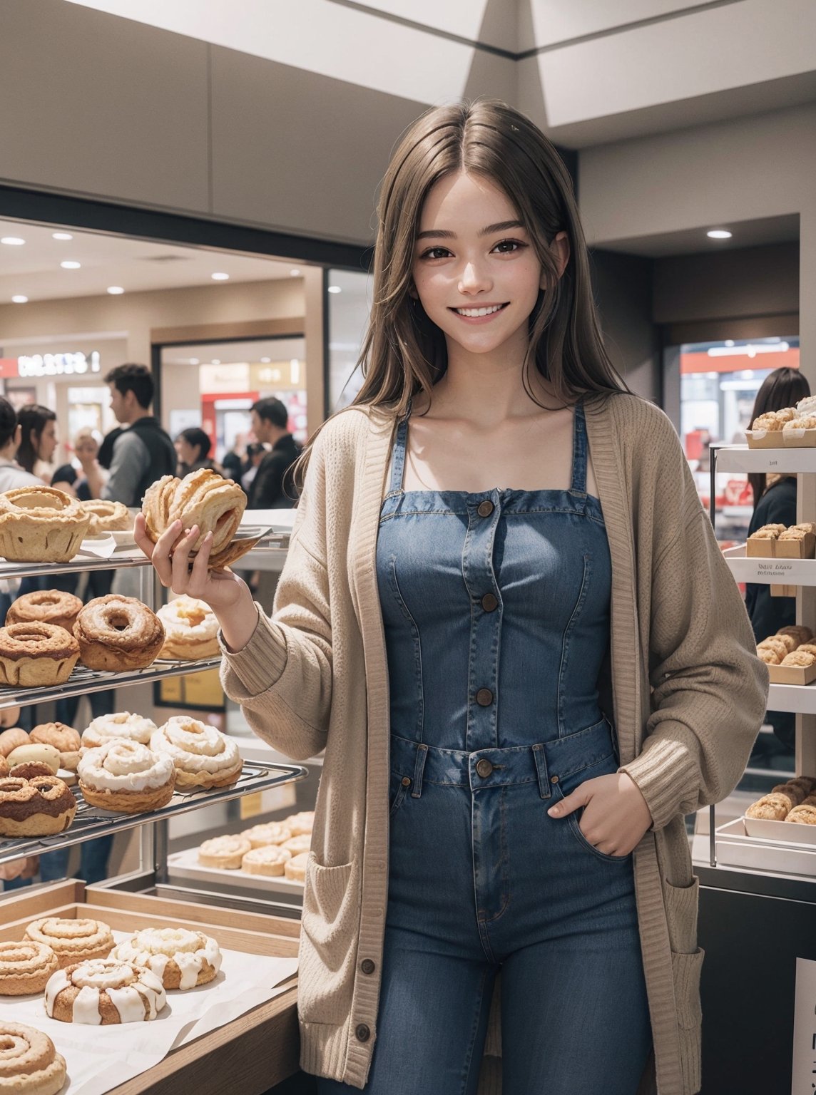 lora:Julia:.8, long brown hair, brown eyes,slender, wearing casual clothing, long cardigan, jeans, looking at viewer, smiling, happy, 
standing, inside a shopping mall, holding a pastry, cinnamon roll, crowd, bright lighting, extreme detail, masterpiece,
