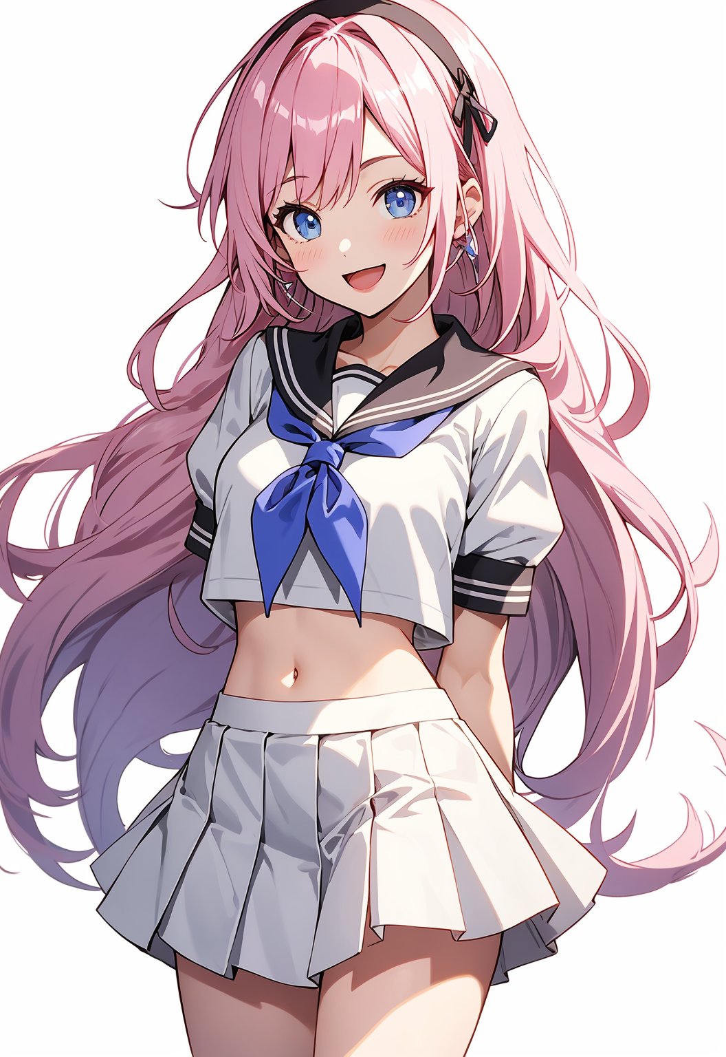 1girl,smile,honkai impact 3rd,hoyun,white serafuku,white shirt,stomach,elysia (honkai impact),skirt,white skirt,simple background,purple neckerchief,arms behind back,highres,midriff,1girl, d,cowboy shot,looking at viewer,honkai (series),solo,white hairband,neckerchief,puffy sleeves,shirt,white background,miniskirt,short sleeves,crop top,puffy short sleeves,pleated skirt,navel,commentary request,long hair,very long hair,hairband,school uniform,serafuku,standing,open mouth,blue eyes,pink hair,