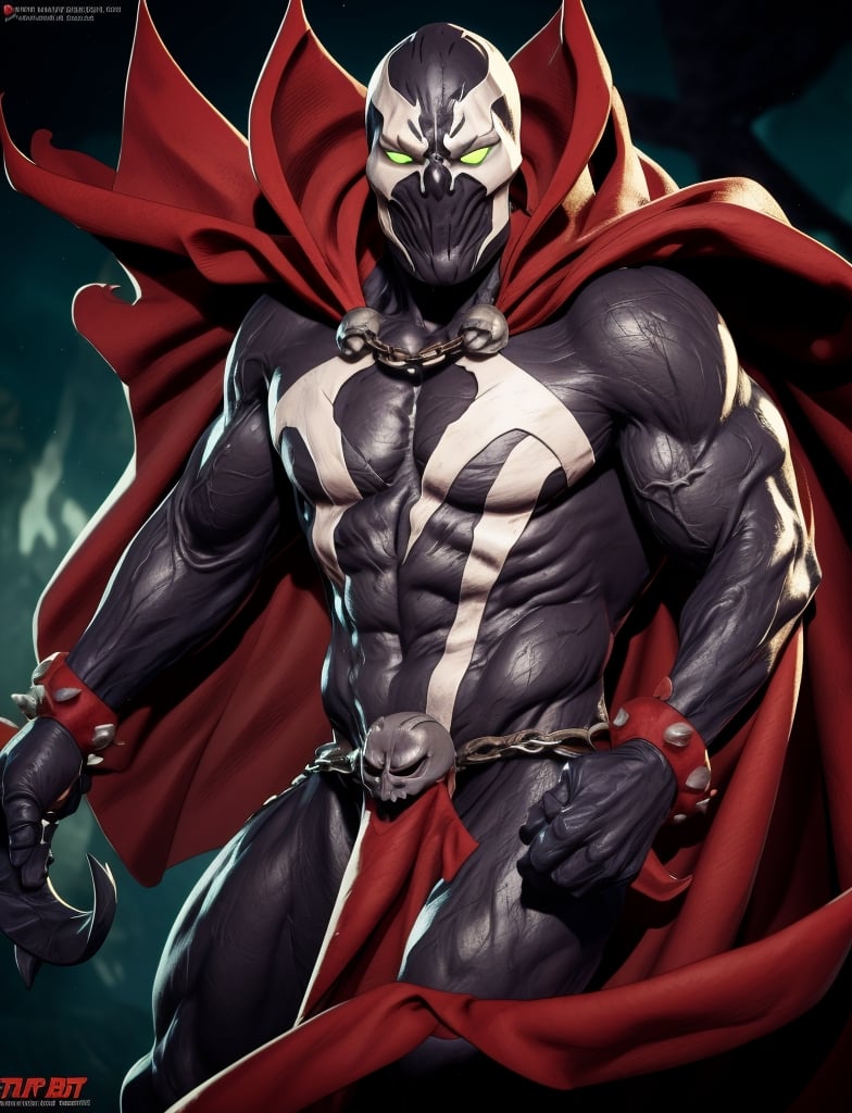 spawn, male focus, solo, glowing eyes, glowing, muscular, abs, red cape, skull, green eyes, chain, muscular male, looking at viewer, pectorals, loincloth, gauntlets, skull mask, claws  lora:spawn:1
