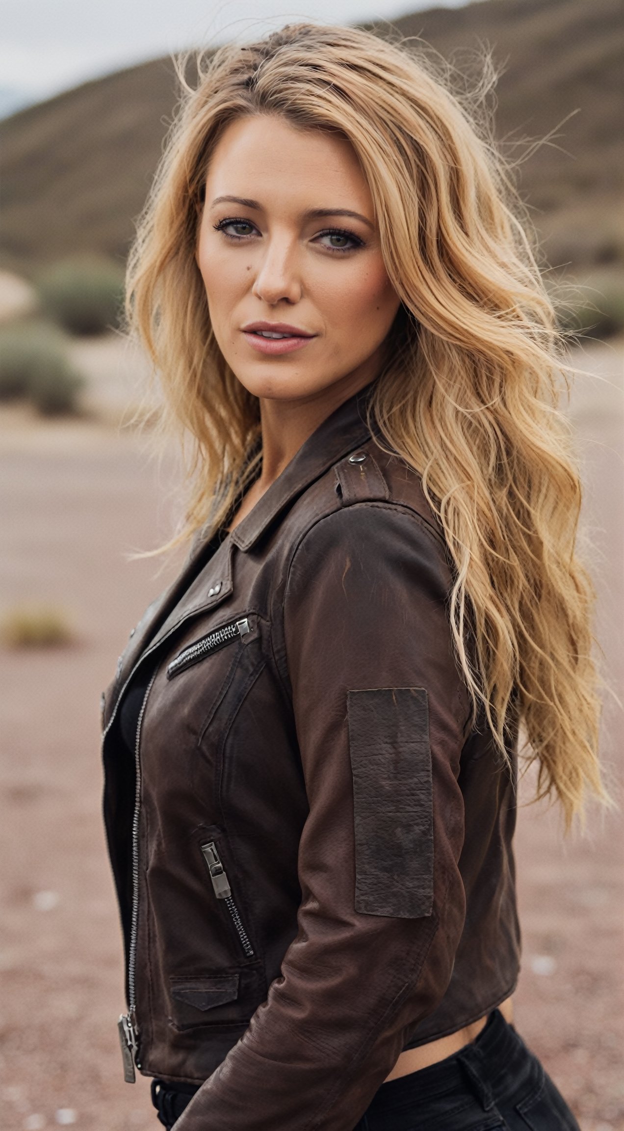 blake lively,ohwx woman,happy,color graded cinematic,high quality photography,light blonde hair,wasteland,leather jacket, 4k textures,4k resolution,DLSR,Canon EOS R3, lora:blakelively_SDXL:0.8,
