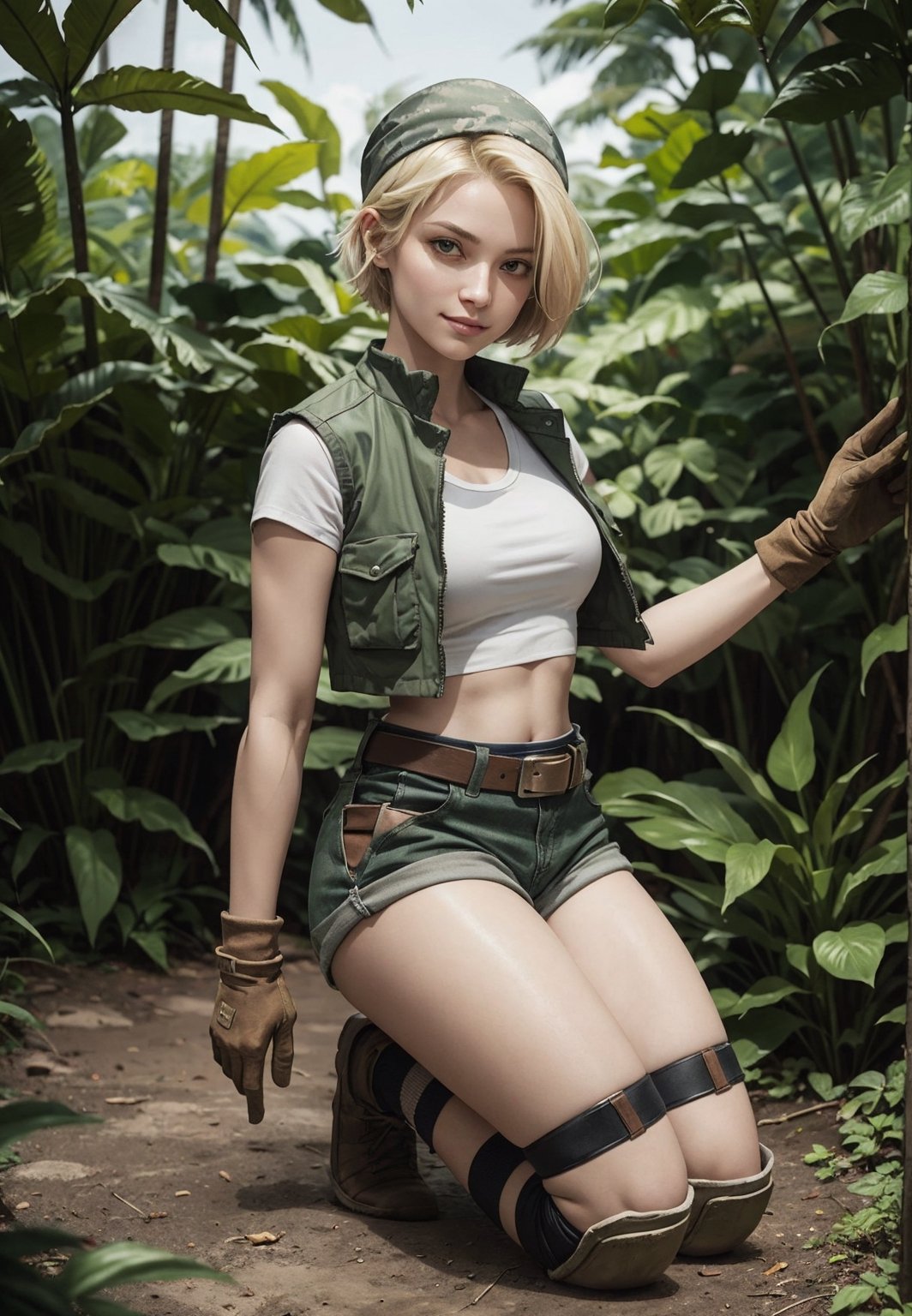 Eri,military clothing, bandana,short blonde hair,knee pads,gloves,midriff,crop top,brown eyes,boots,short shorts,belt,socks,holsters,vest,looking at viewer, serious, smirk, 
kneeling, on knees, sexy pose, outside, jungle, blue sky, extreme detail, hdr, beautiful quality, 
