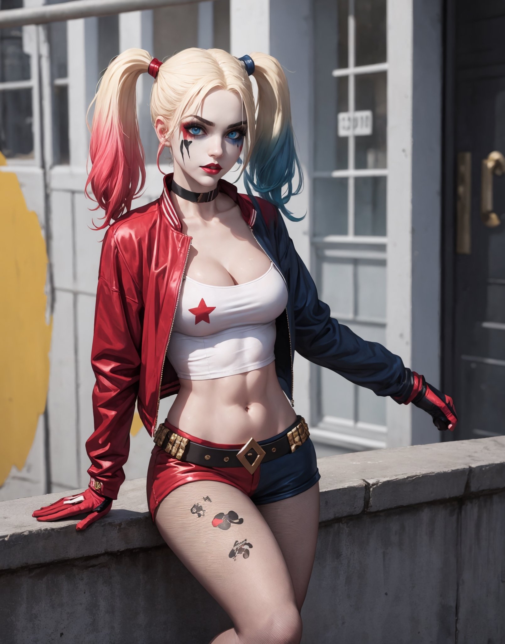 masterpiece, best quality, 1girl, solo, highres,   lora:pikkyharleyquinn-10:0.8,  scenery,
pikkyharleyquinn, two-tone hair,multicolored hair,blonde hair,breasts,makeup,twintails,blue eyes,lipstick,gloves,shorts,cleavage,navel,midriff,gradient hair,short shorts, pantyhose, choker,hair,eyeshadow,colored skin,pale skin,multicolored clothes,jacket,belt, crop top,open jacket,star (symbol),open clothes,lips,
,pikkyharleyquinn