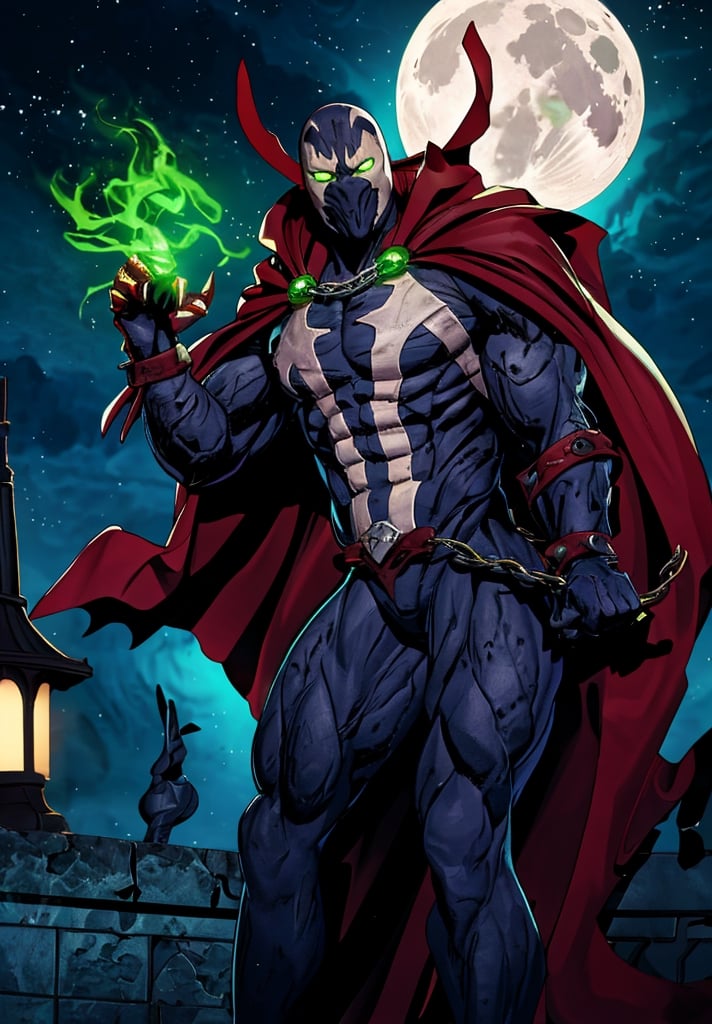 spawn, chain, red cape, glowing eyes, night, moon, glowing, green eyes, green fire, hand up, sky, claws, cloud, solo, castle, night sky, abs, intricate details, masterpiece, absurdres, best quality, cowboy shot, lora:spawn:0.9