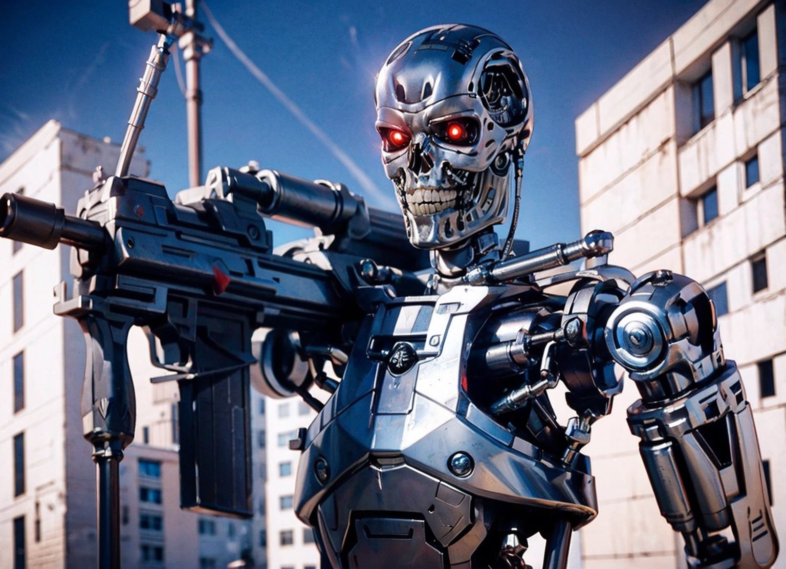 t800endoskeleton, skull face, red eyes, robot,  holding weapon, weapon, holding ,aiming,  outside, city roof, blue sky,  lora:T800Endoskeleton:.8, T800Endoskeleton