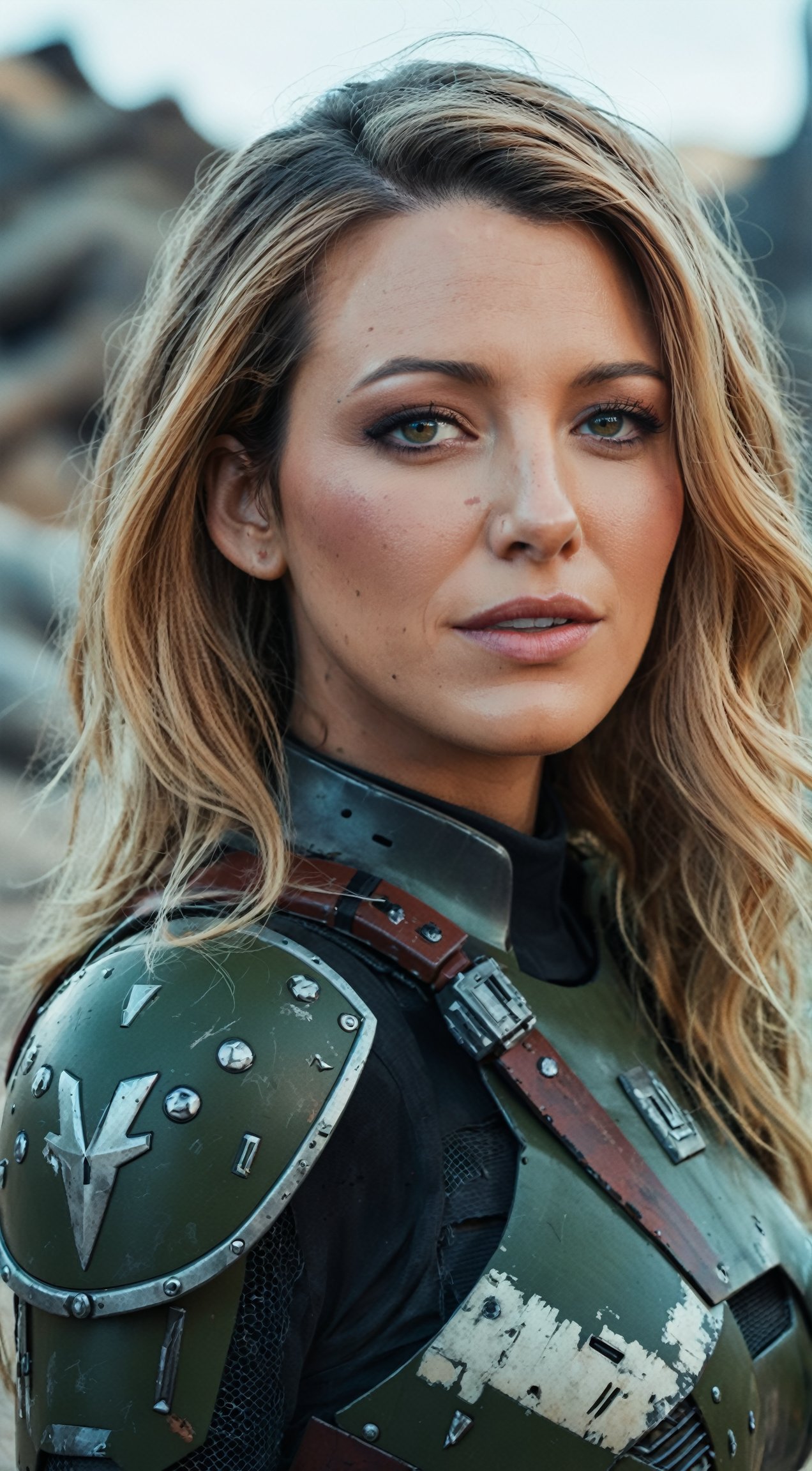 blake lively,ohwx woman,happy,color graded cinematic,high quality photography,two-tone hair,wasteland,armor,power_armor,skin pores,4k textures,4k resolution,DLSR,Canon EOS R3, lora:blakelively_SDXL:0.8,
