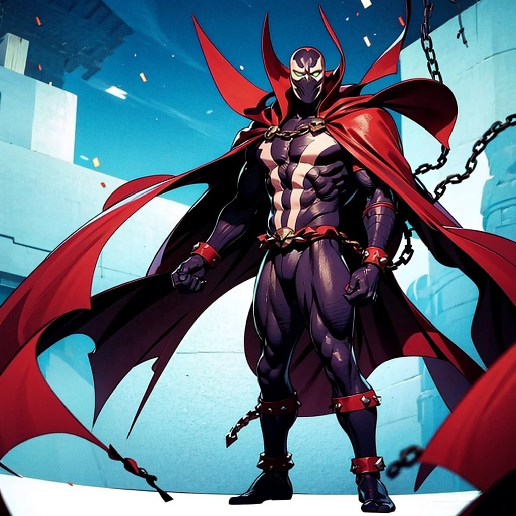 (masterpiece:1.2,  best quality:1.2),  ((masterpiece)),  (((best quality))),  ((ultra-detailed)),  ((illustration)),  (male),  lyco:spawn-000020:1.0,  (spawn,  red cape,  chains,  green eyes),  mask,  white markings,  full black suit,  chaos,  super wide angle shot,  ((standing over an army of demons,  armies of hell,  a legion of souls)), full burning background